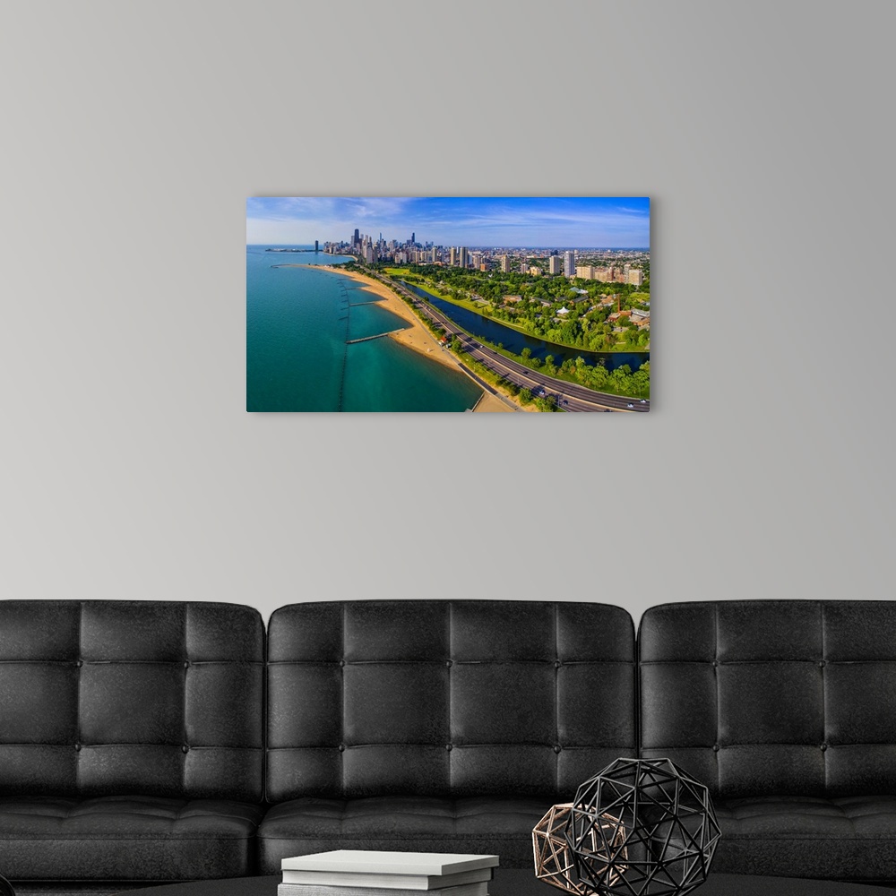 A modern room featuring Aerial view of shoreline and Lincoln Park lagoon, Chicago, Cook County, Illinois, USA