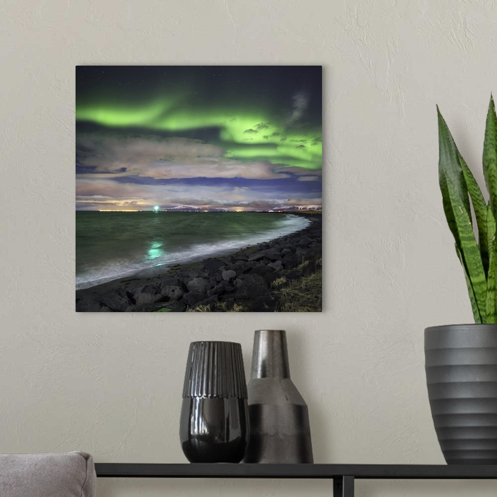 A modern room featuring Aurora Borealis or Northern Lights, Reykjavik, Iceland