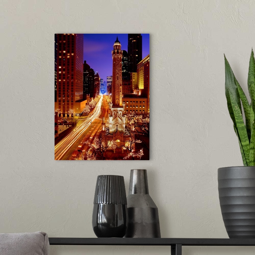 A modern room featuring Chicago Water Tower at night, Michigan Avenue, Magnificent Mile, Chicago, Illinois, USA