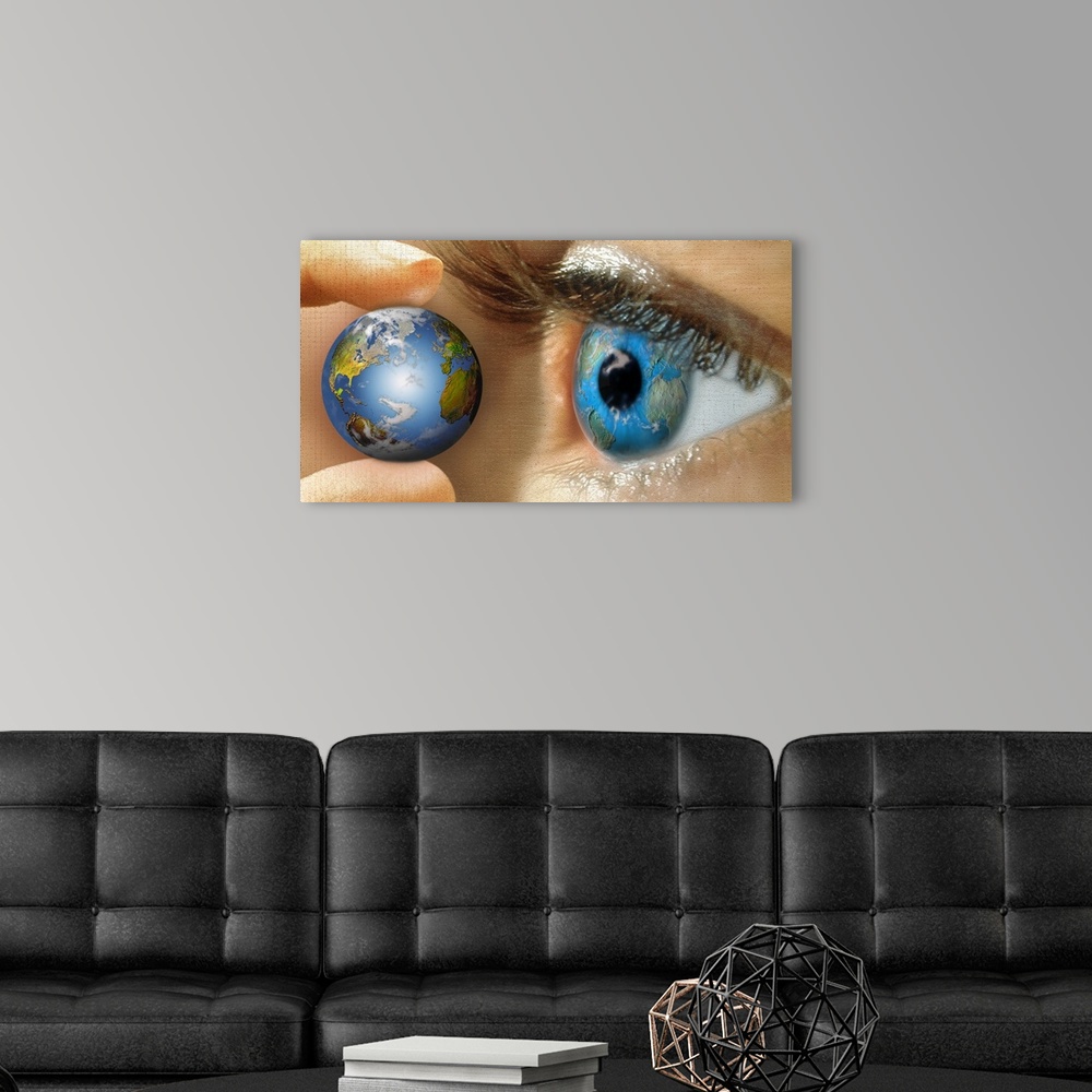A modern room featuring Reflection of a globe in a person's eye
