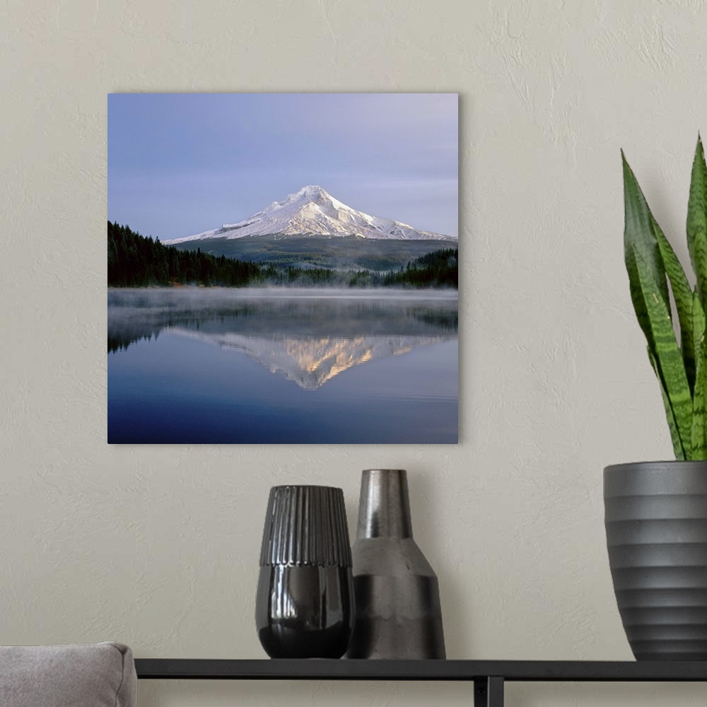 A modern room featuring Reflection of mountain range in a lake, Mt Hood, Trillium Lake, Mt Hood National Forest, Oregon, USA