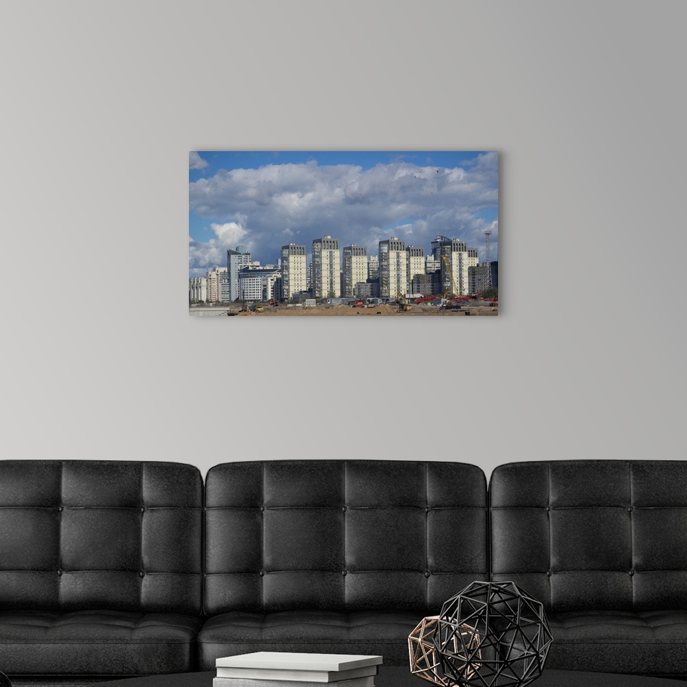 A modern room featuring Skyscrapers in a city at construction site, St. Petersburg, Russia