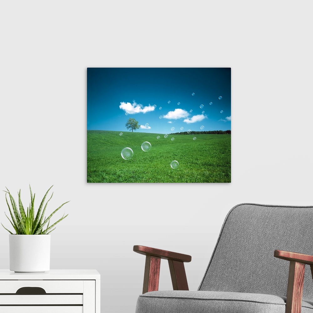 A modern room featuring Soap bubbles floating over a field