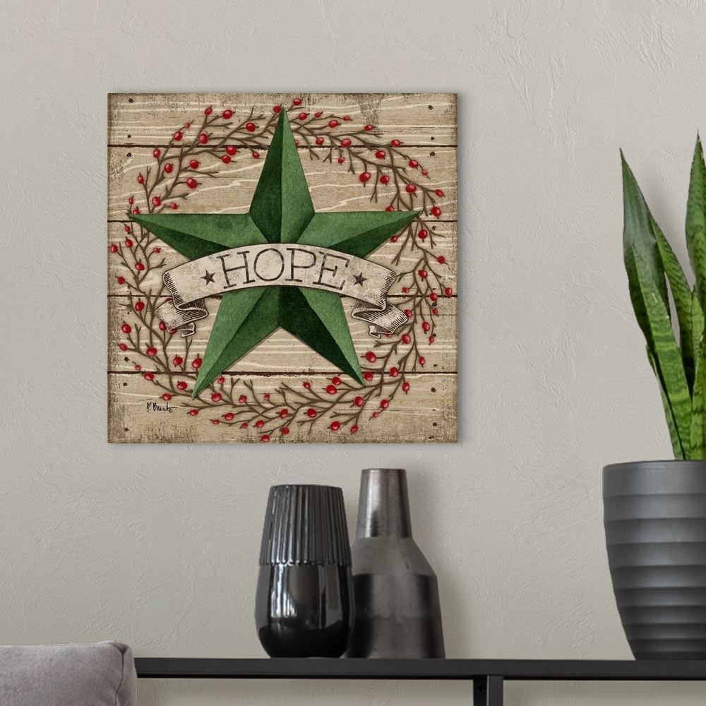 A modern room featuring Folk art style painting of a star with a banner that says Hope on wood panels with a berry wreath.
