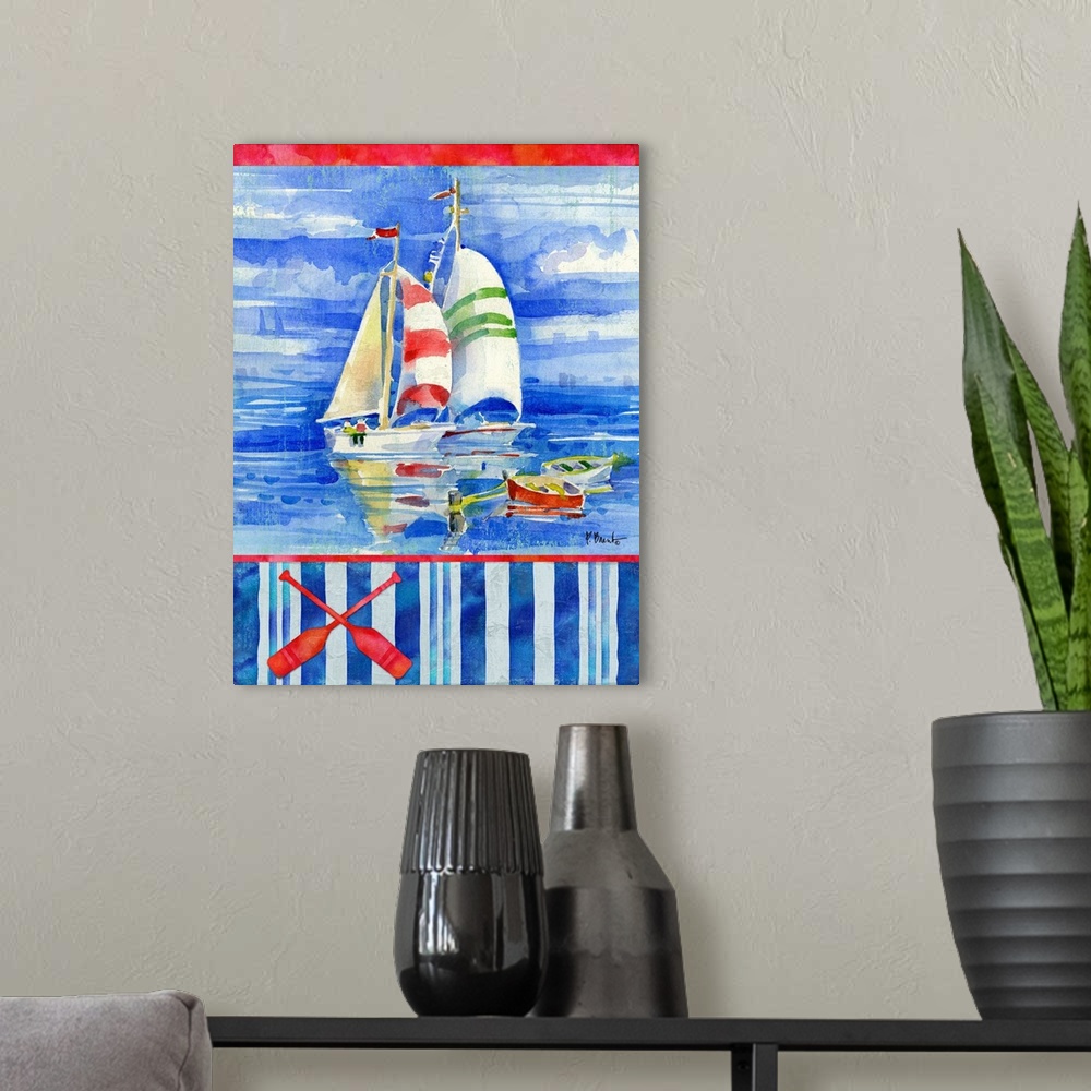 A modern room featuring Watercolor painting of sailboats in the ocean with a striped bottom and an illustration of two oa...