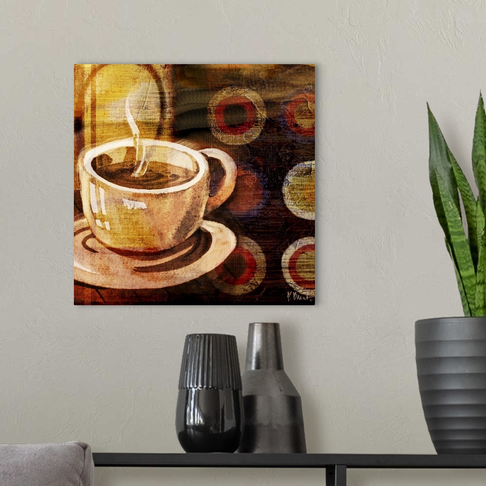 A modern room featuring Decorative panel with a cup of coffee on a saucer over a geometric abstract background.