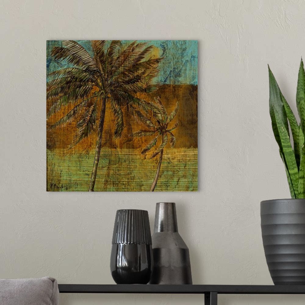 A modern room featuring Decorative panel of a palm tree with leafy fronds against an abstract background.