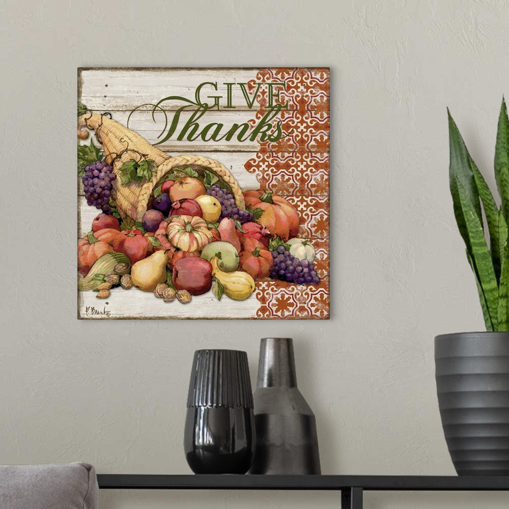 A modern room featuring Painting of a cornucopia filled with harvest vegetables.