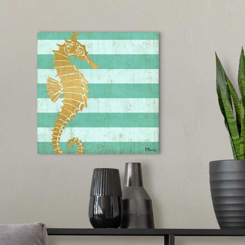 A modern room featuring Square decor with a metallic gold seahorse on a blue striped background.