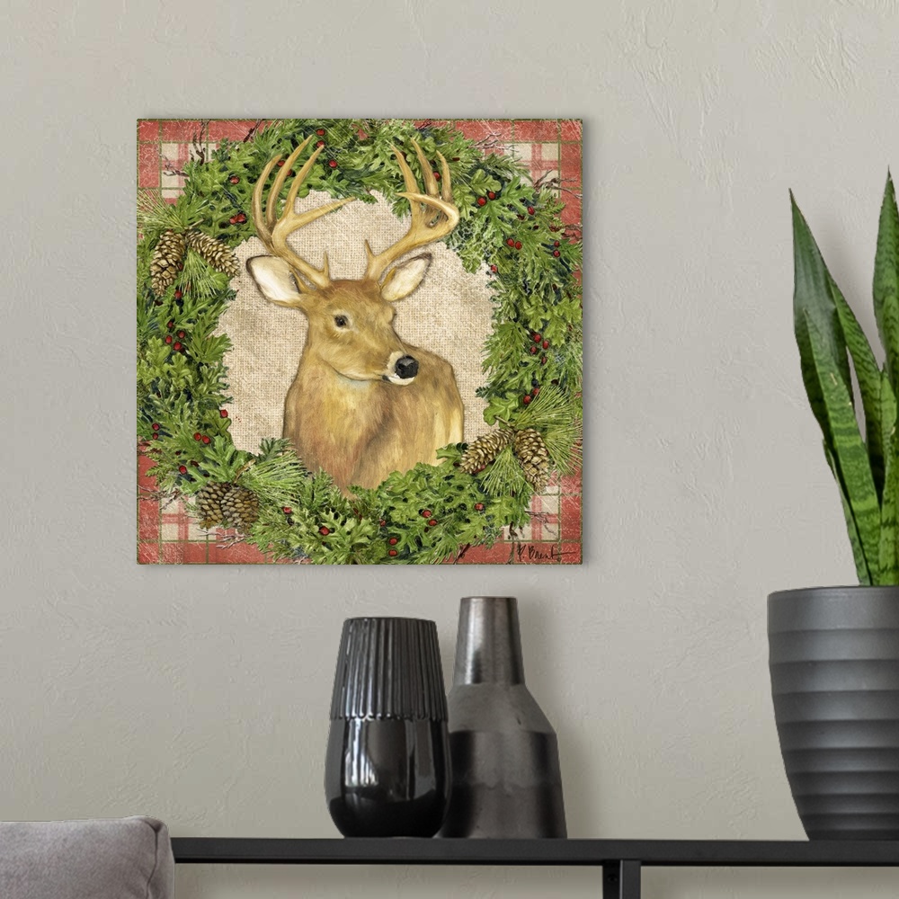 A modern room featuring Portrait of a deer inside a seasonal wreath.
