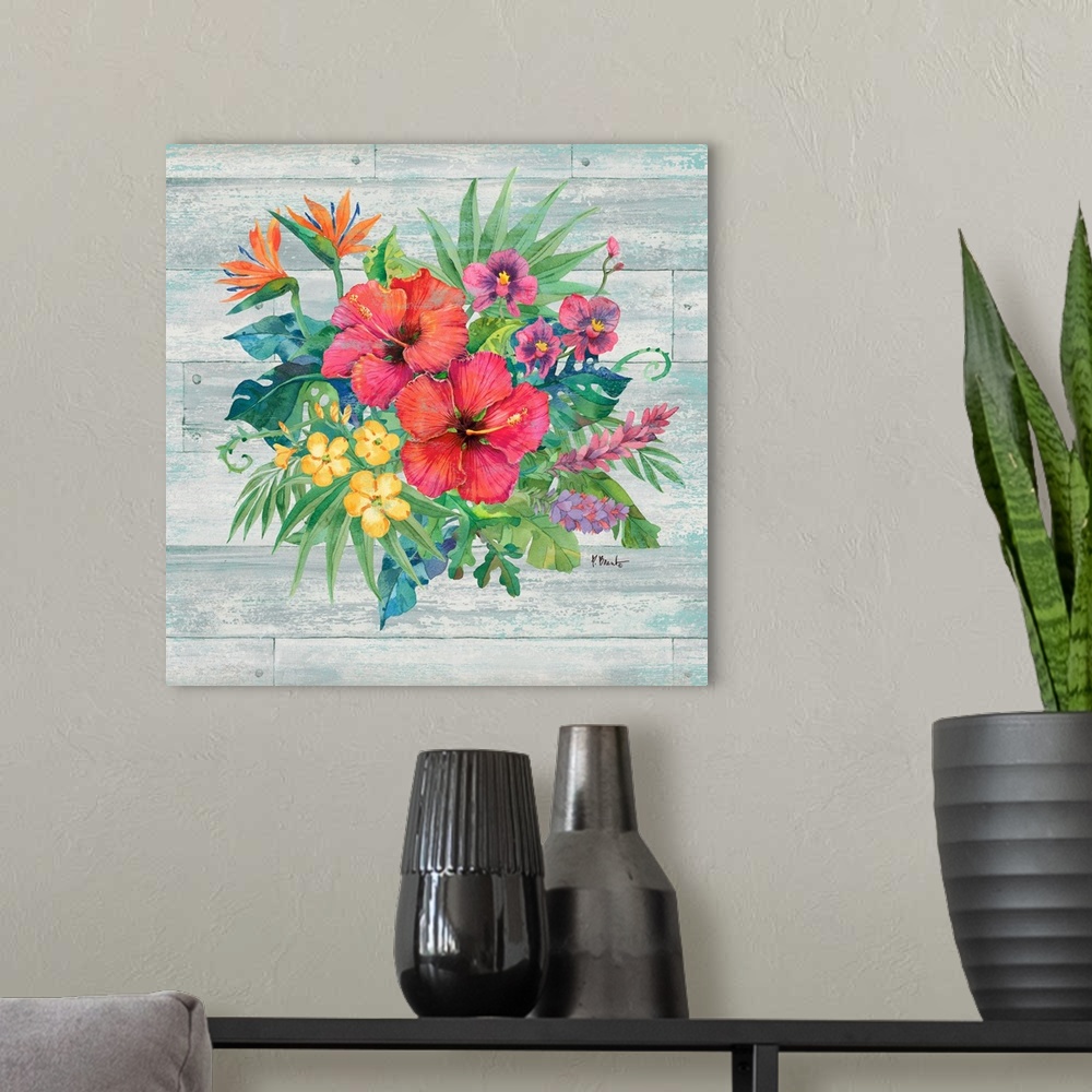 A modern room featuring Square decor with watercolor painted tropical flowers and leaves on a faux wood background.