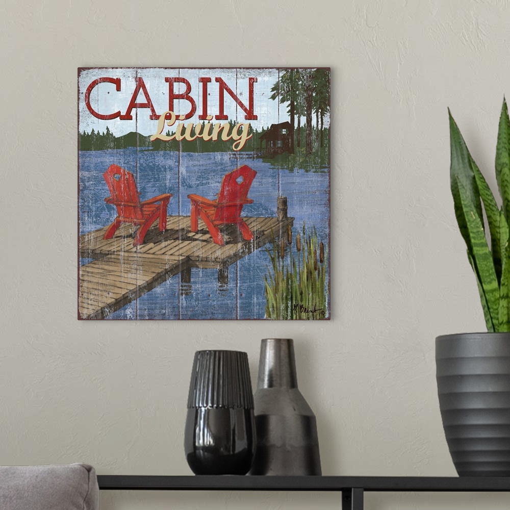 A modern room featuring Decorative art of two adirondack chairs on a pier on a lake on a textured panel background.