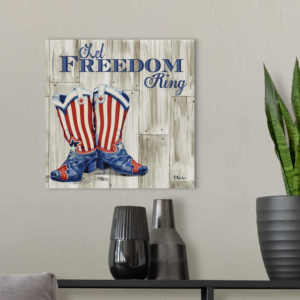 A modern room featuring Patriotic painting with a pair of cowboy boots in an American flag pattern.