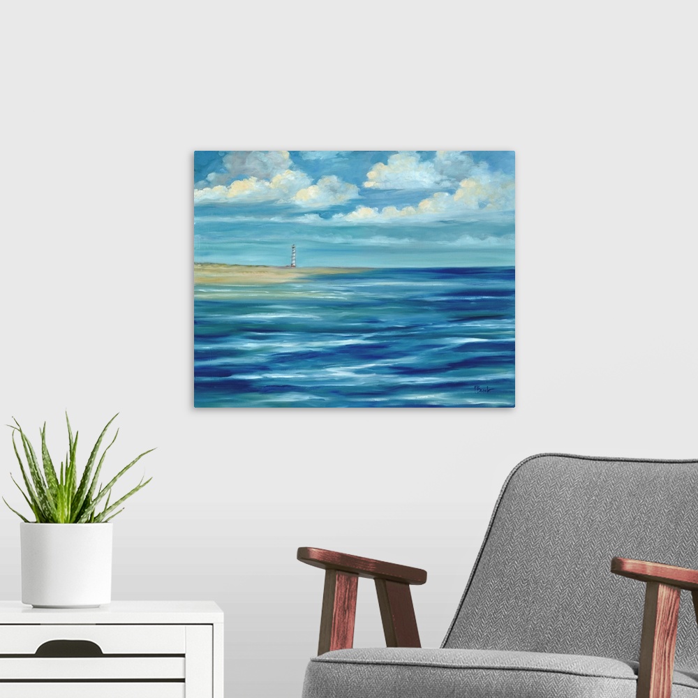 A modern room featuring Contemporary artwork of a lighthouse on the coast, seen across the ocean under a cloudy sky.