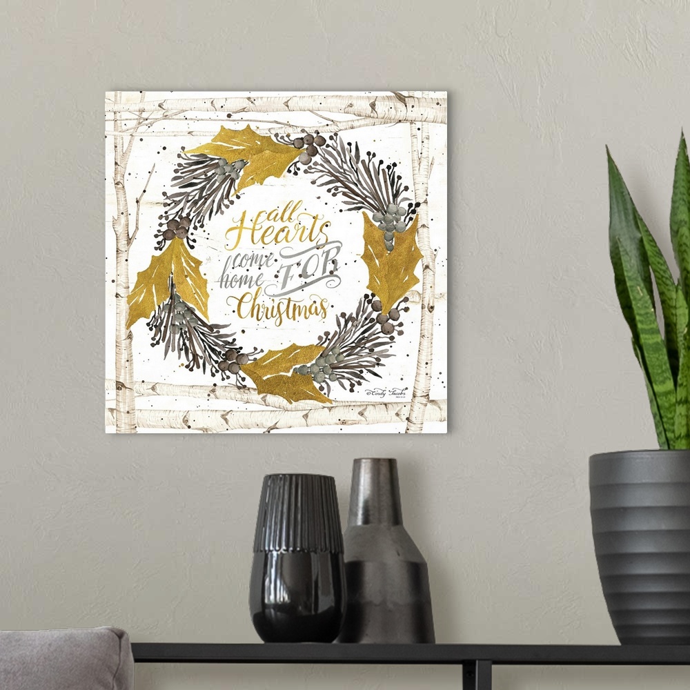 A modern room featuring All Hearts Come Home for Christmas Birch Wreath