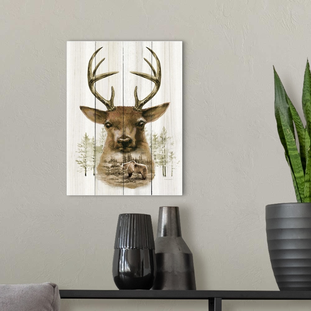 A modern room featuring Decorative artwork in rustic cabin design with double exposure.