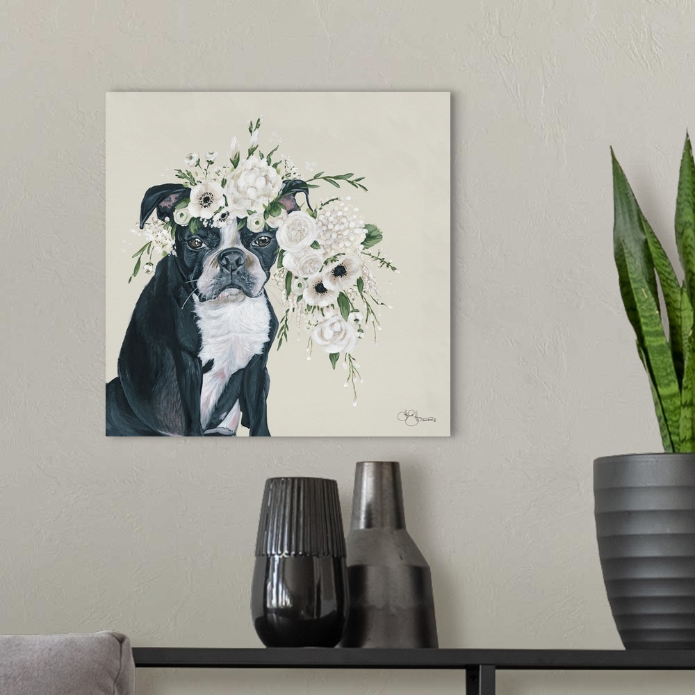 A modern room featuring Dog and Flower