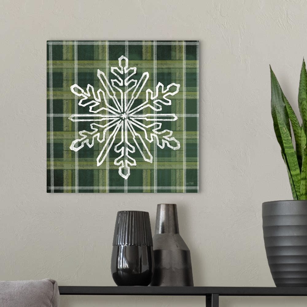 A modern room featuring Green Plaid Snowflakes