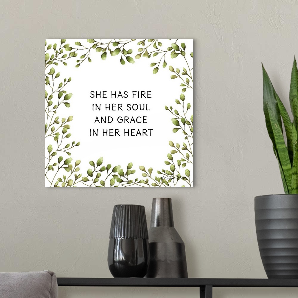 A modern room featuring Greenery She Has Fire in Her Soul