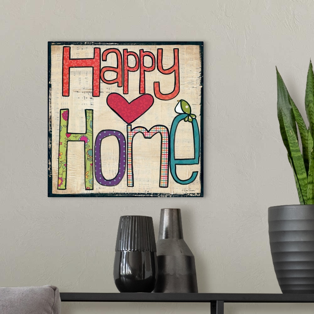 A modern room featuring Handwritten typography art reading "Happy Home" with a heart and small bird.
