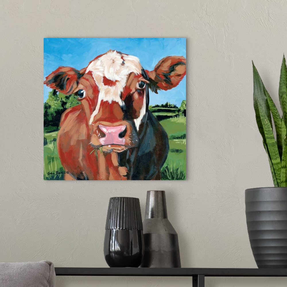 A modern room featuring Henry the Hereford