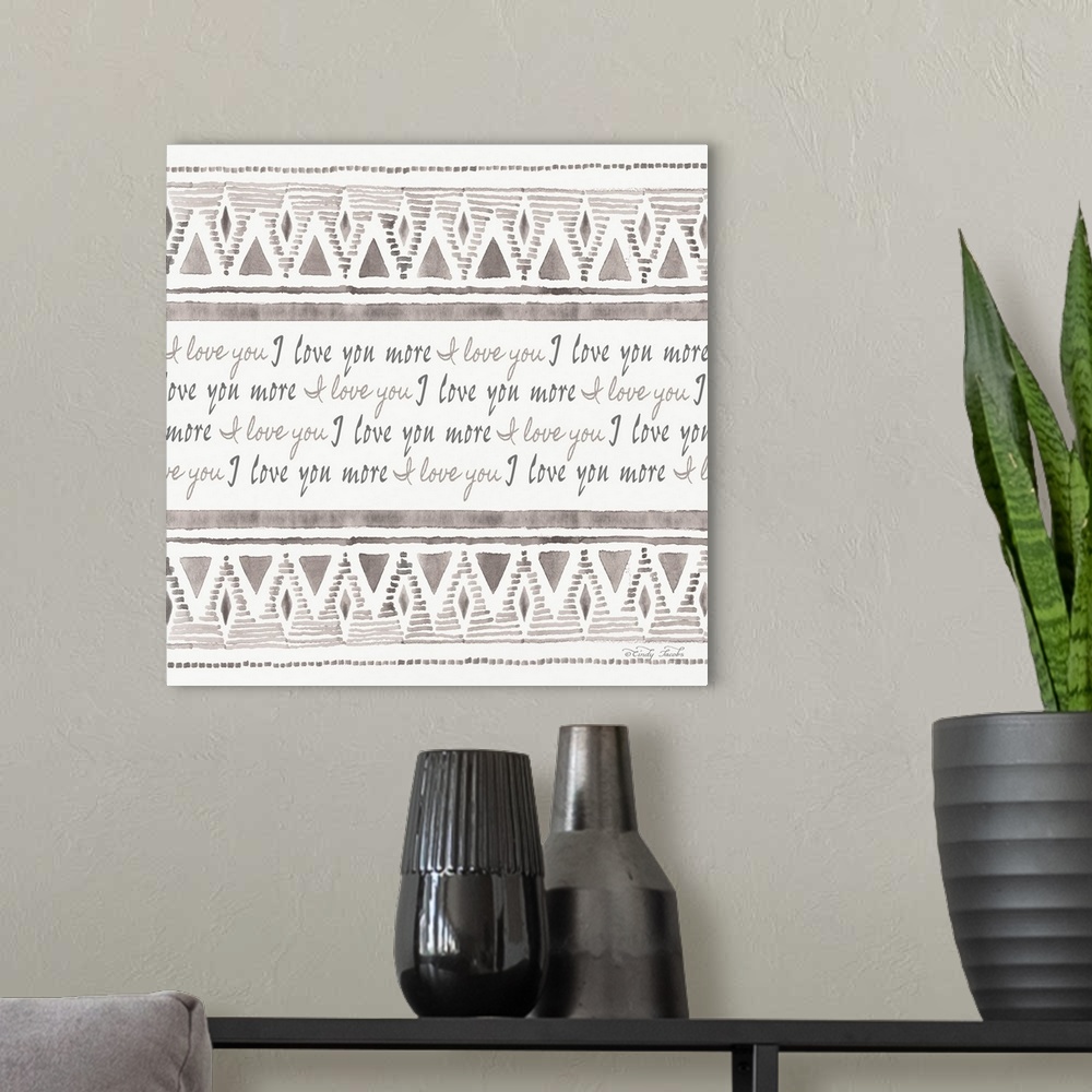 A modern room featuring This decorative artwork features southwestern pattern borders with sentiment: I love you, running...