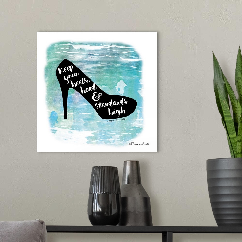 A modern room featuring Silhouette of a high heel shoe with a motivational quote hand-lettered in white script, over a bl...