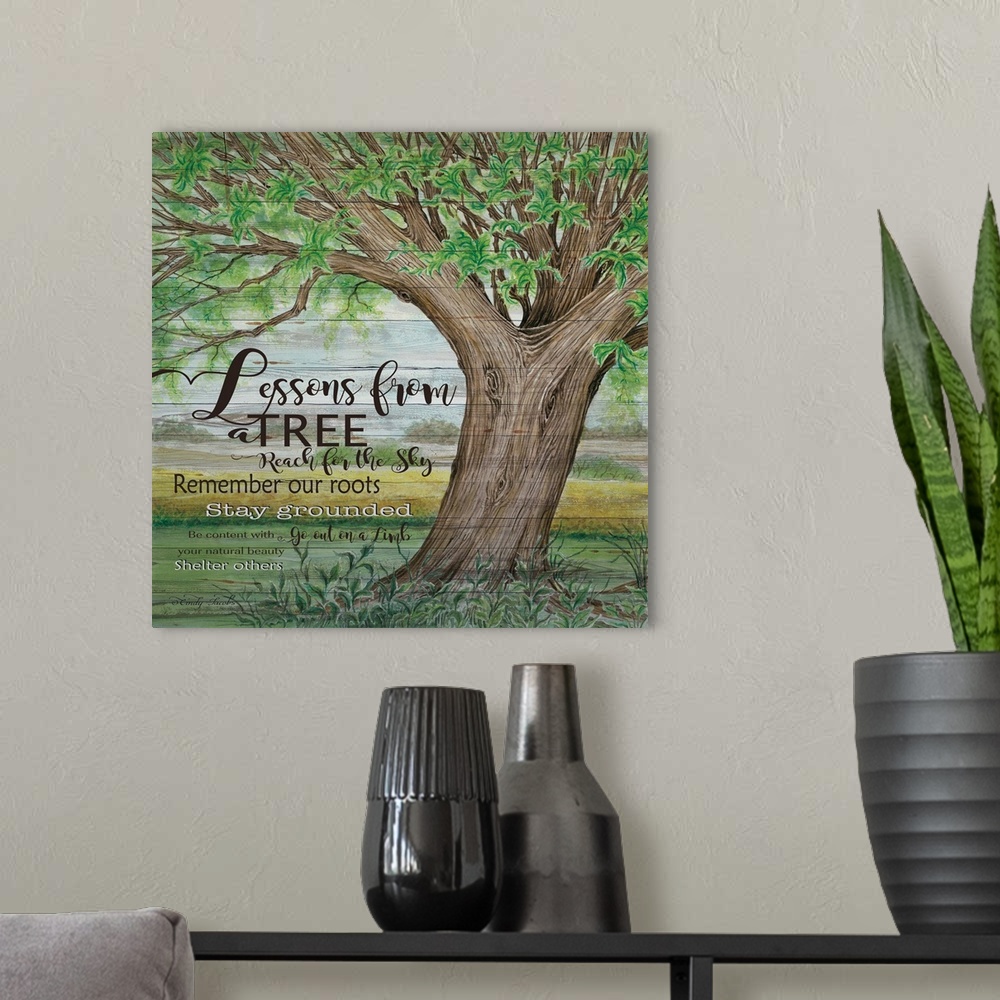 A modern room featuring Inspirational "lessons" with a tree theme over a painting of a sturdy tree with lush branches.