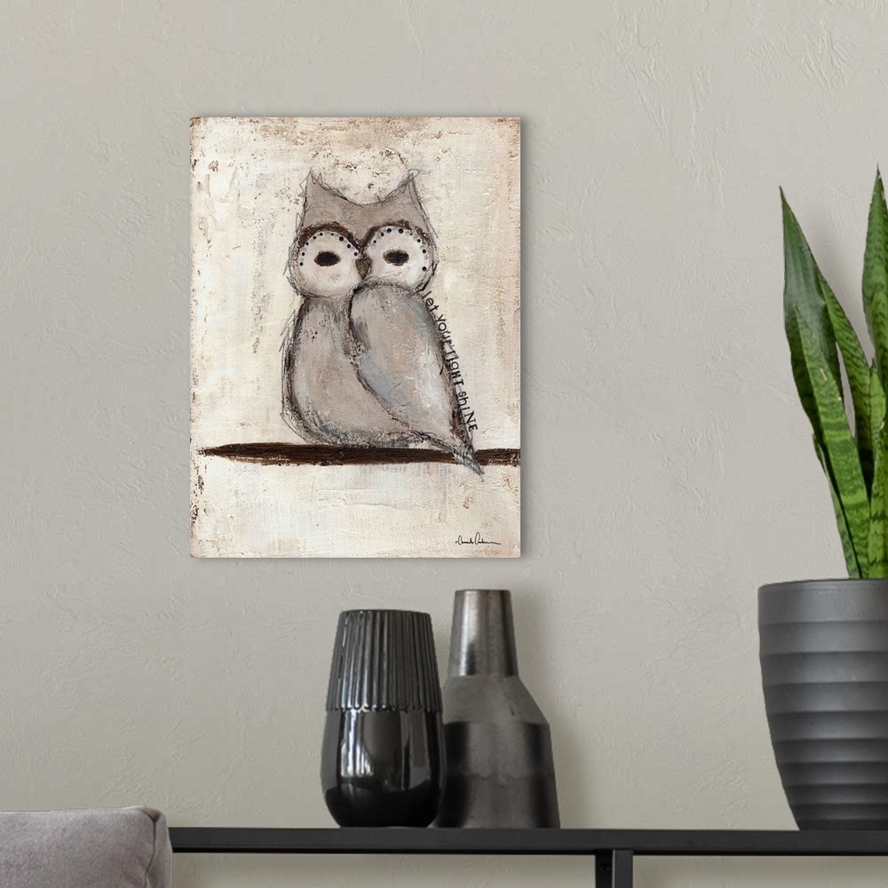 A modern room featuring Painting of a small grey owl with large round eyes.
