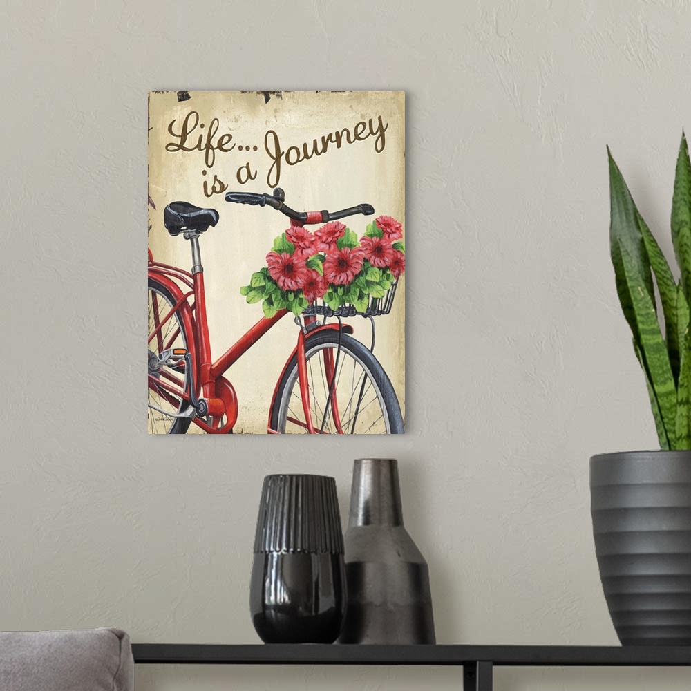 A modern room featuring Illustration of a red bicycle with a basket full of flowers and the text "Life is a Journey."