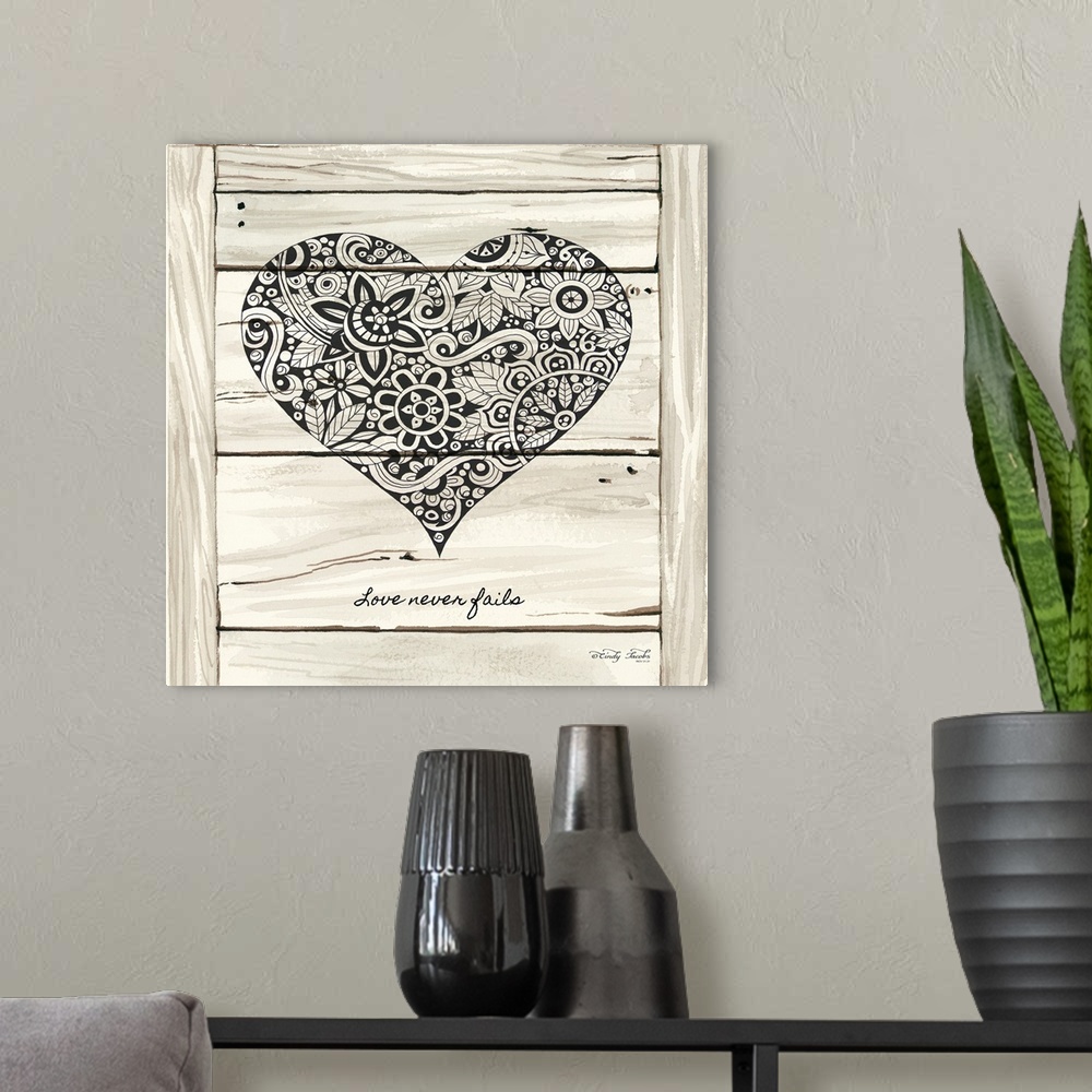 A modern room featuring Heart with a floral lace pattern on a white wooden board background.