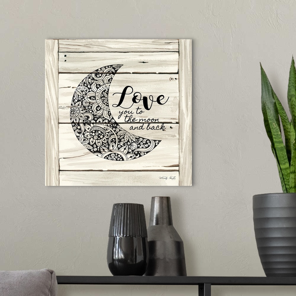 A modern room featuring Moon with a floral lace pattern on a white wooden board background.