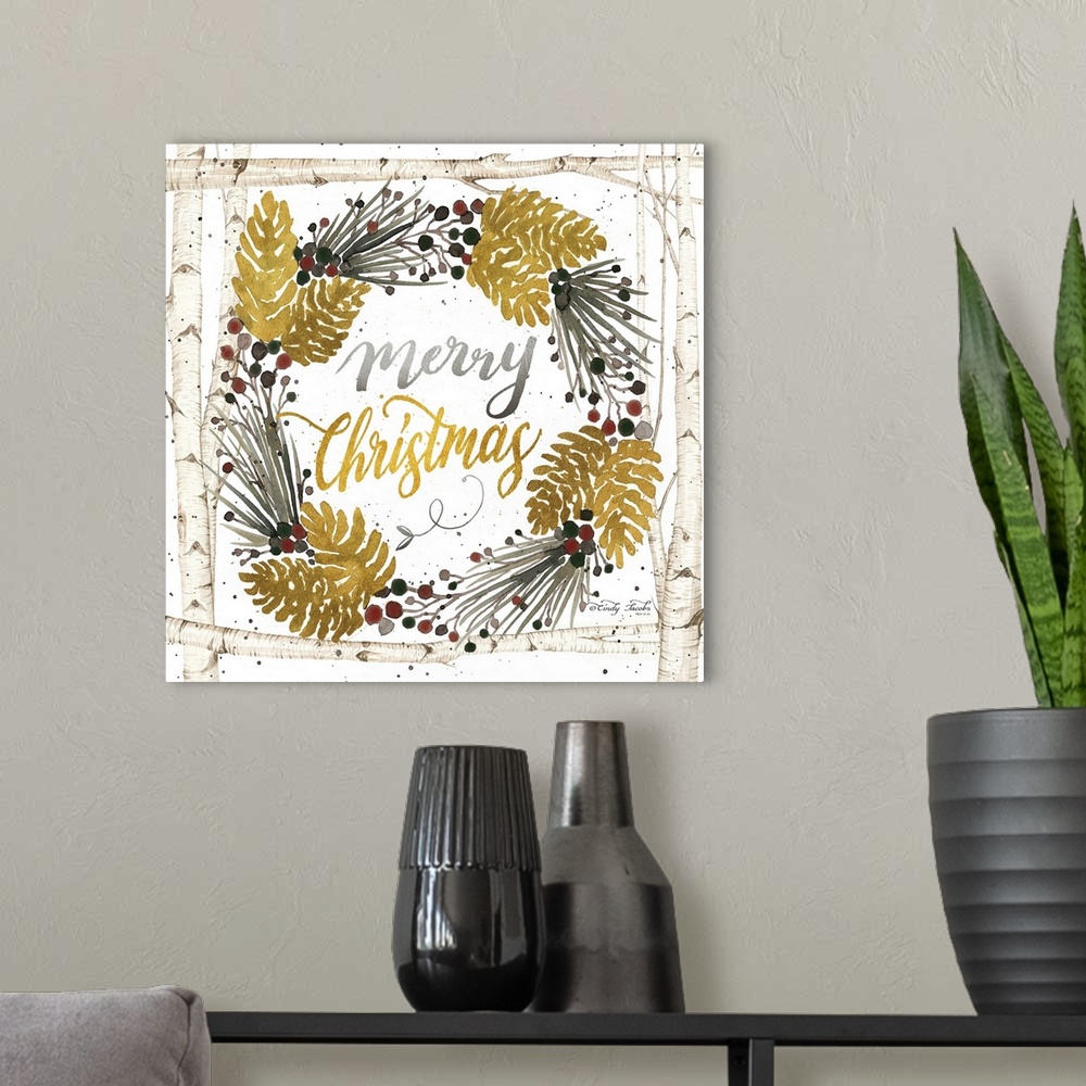 A modern room featuring Merry Christmas Birch Wreath with Berries