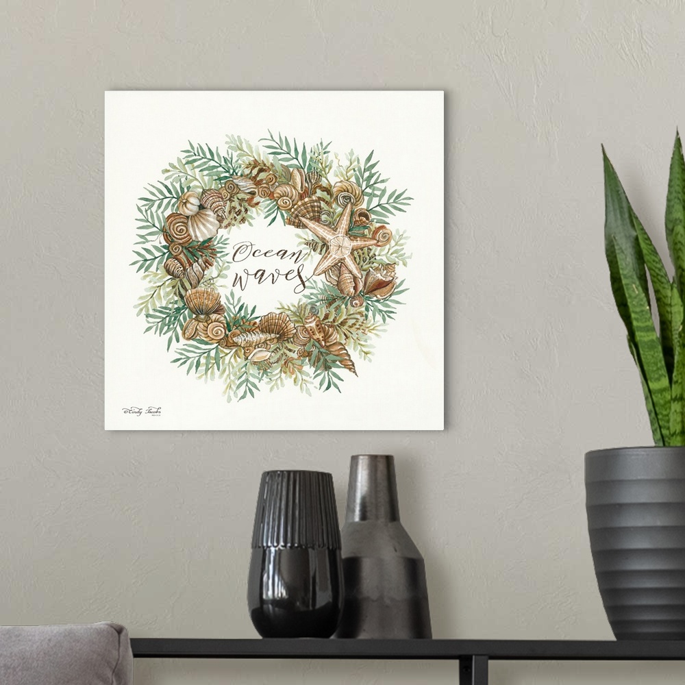 A modern room featuring This decorative artwork features a watercolor wreath of various shells and leaves surrounding the...