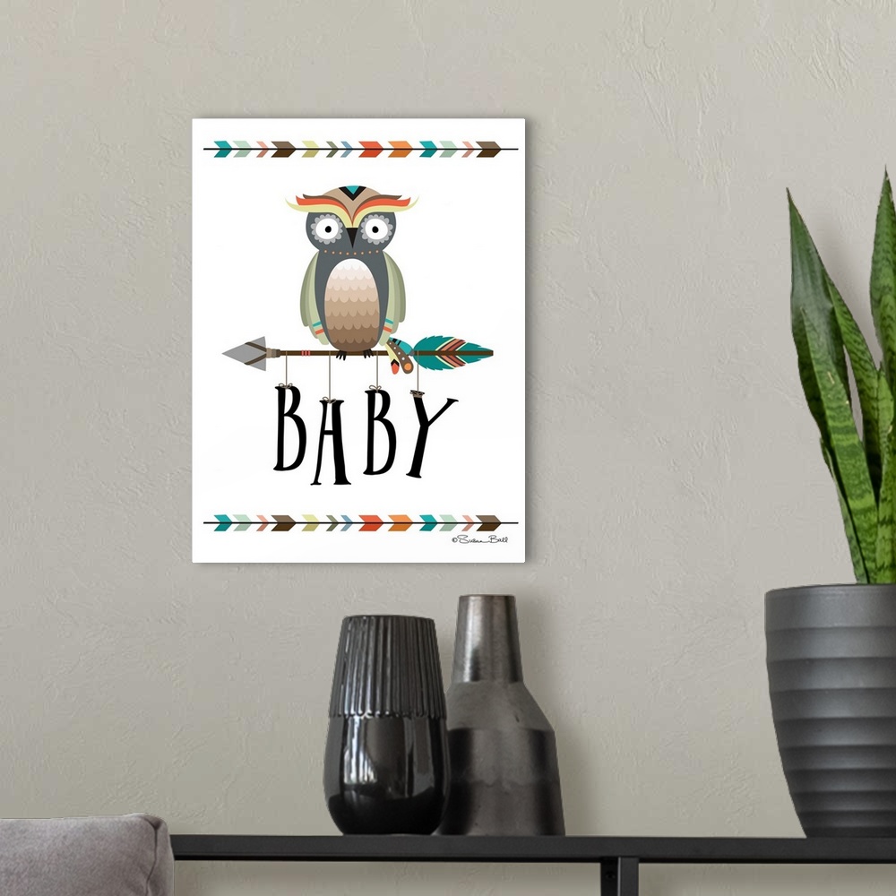 A modern room featuring Cute children's nursery art of an owl on an arrow with the word "Baby" hanging from it.