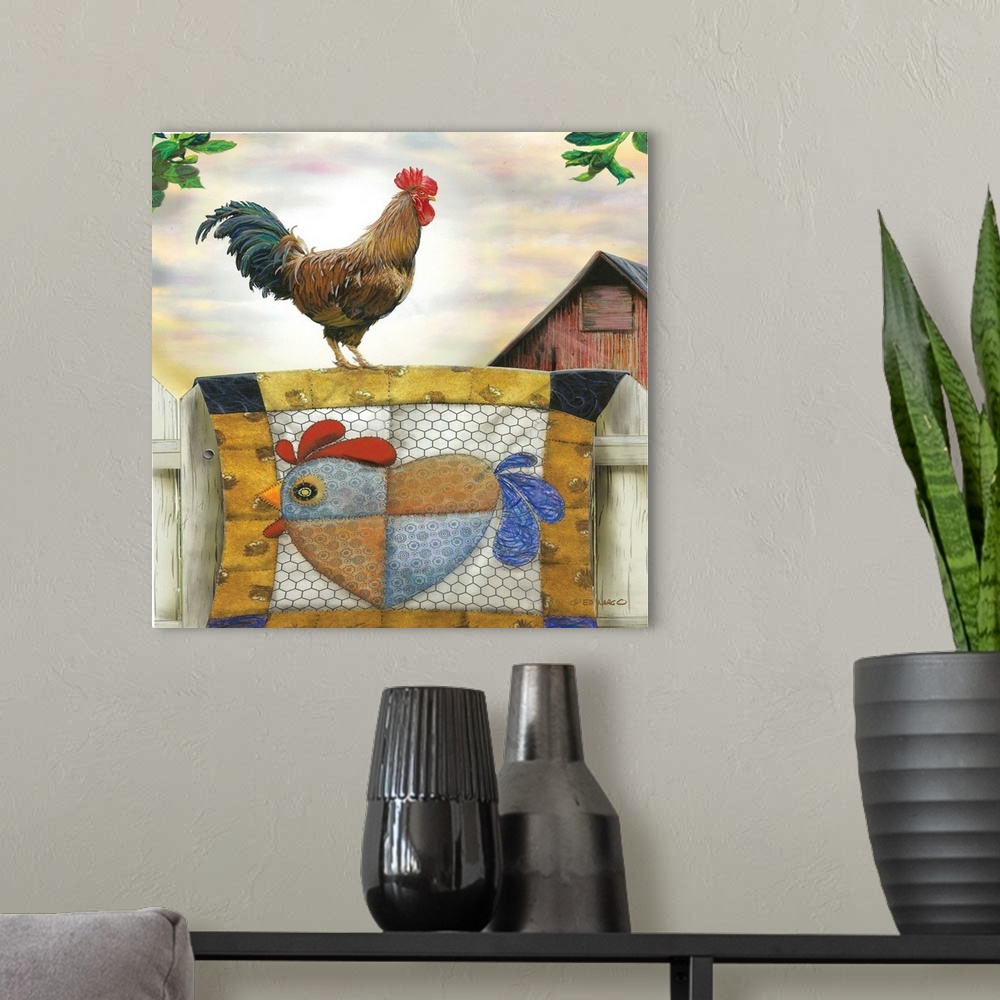 A modern room featuring Rooster and Quilt