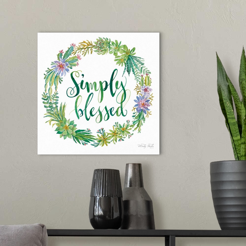 A modern room featuring This decorative artwork features a watercolor wreath of various flowers and plants surrounding th...