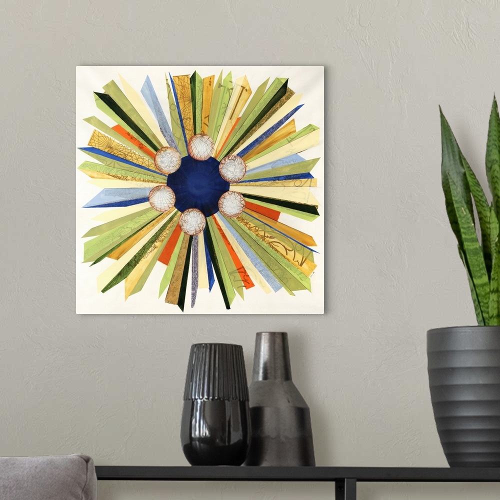 A modern room featuring Square abstract painting on canvas of various thin shapes radiating out from a circle.
