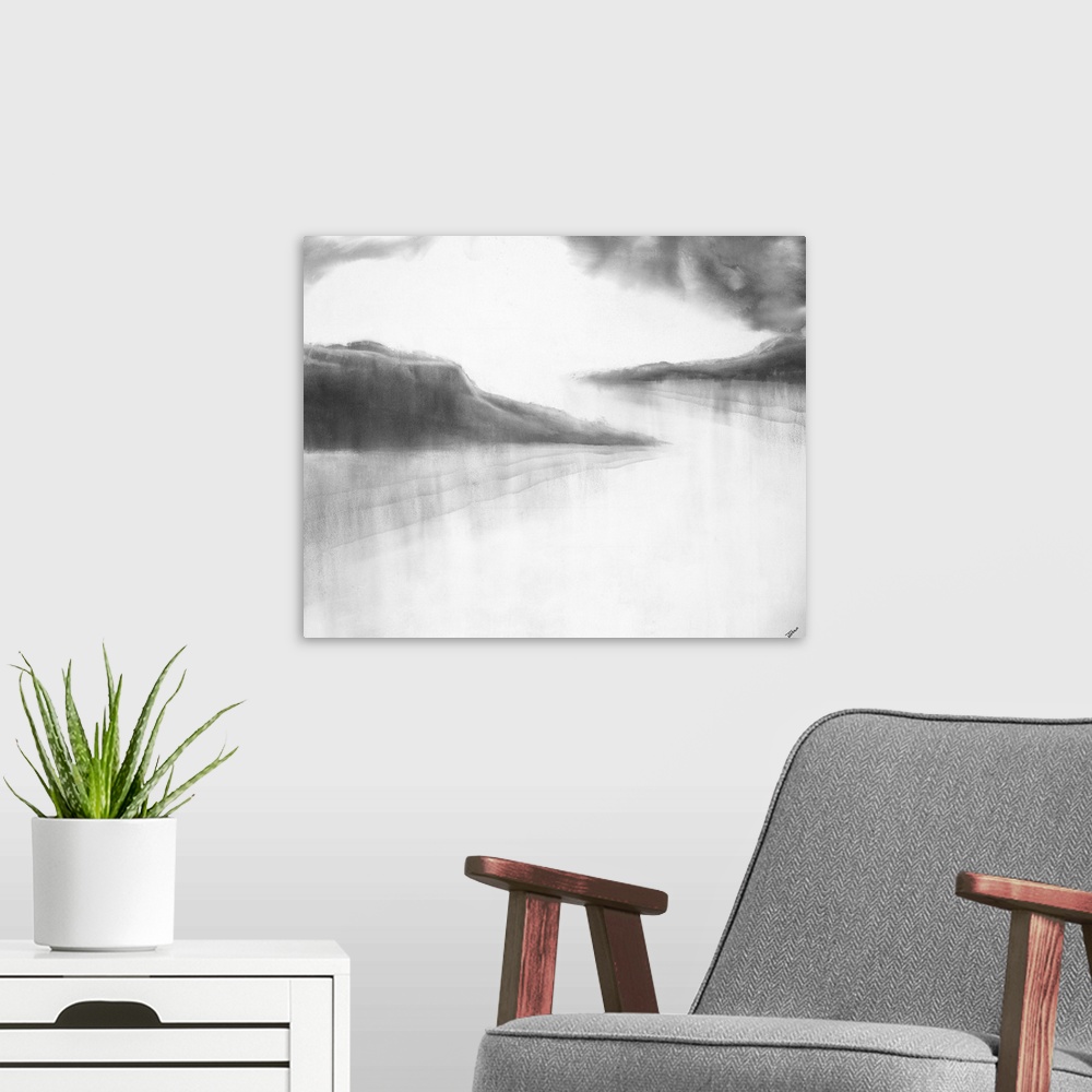 A modern room featuring Black and white abstract landscape painting with contrasting rock formations and clouds to the wh...
