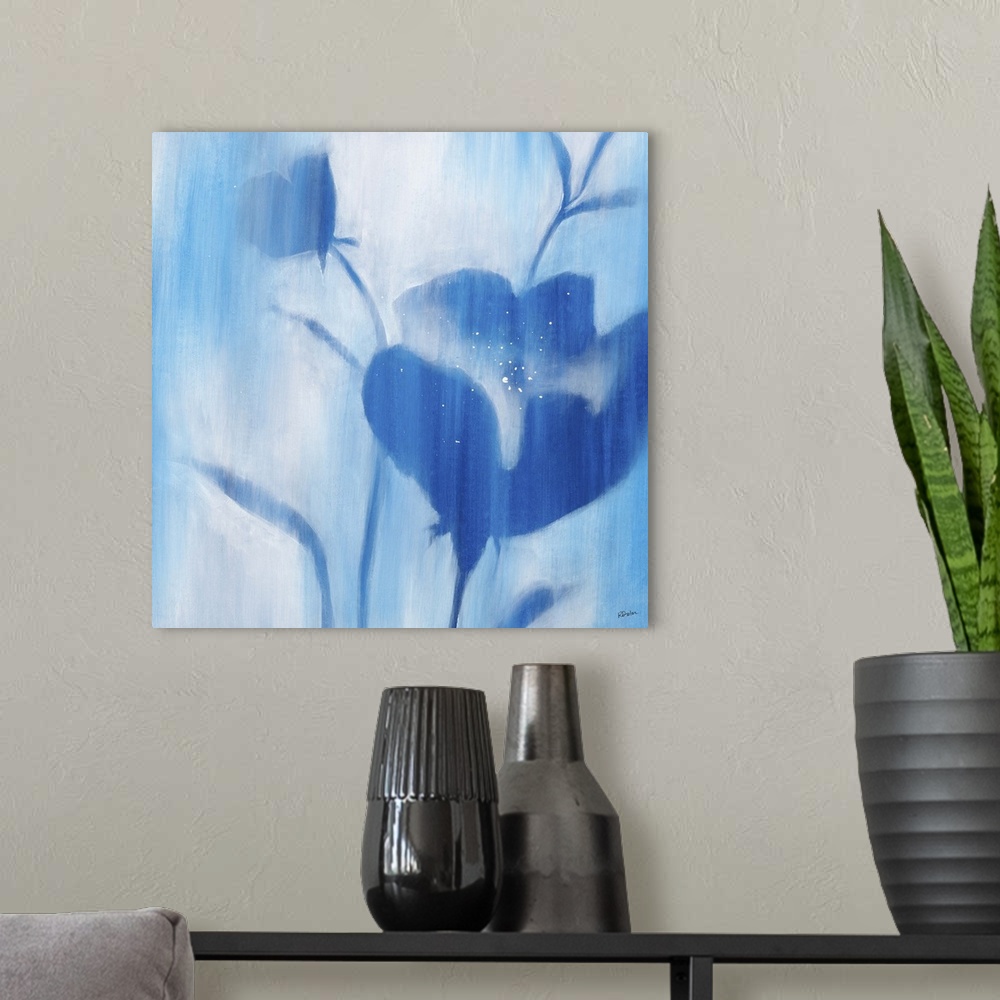 A modern room featuring Contemporary painting of blue flowers and stems with softened edges that seem to fade into a ligh...