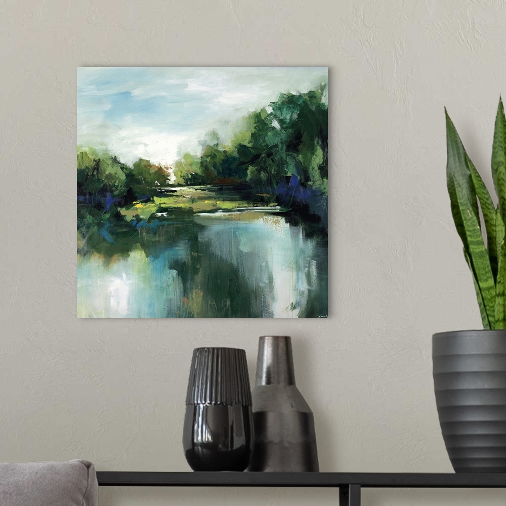 A modern room featuring Landscape painting in thick sweeping brushstrokes of a calm pond in front of a grove of lush tree...