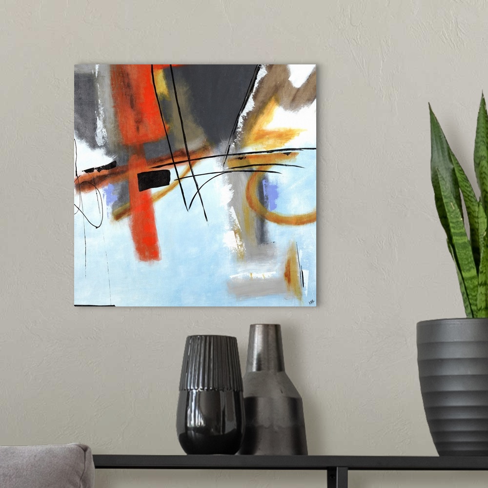 A modern room featuring Contemporary abstract painting using muted red and blue tones mixed with bold black strokes.