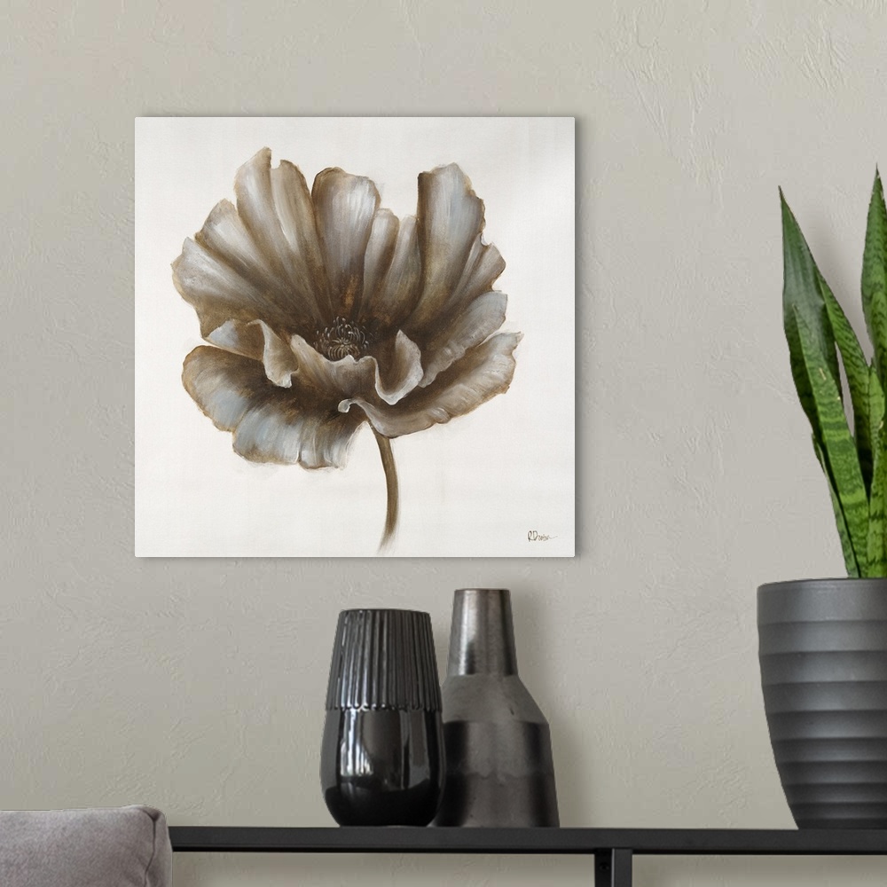A modern room featuring A contemporary painting of a brown toned flower against a solid neutral background.