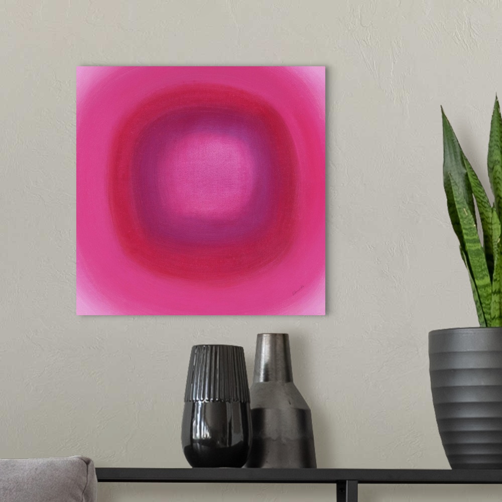 A modern room featuring A contemporary abstract painting of a pink circle with gradating green circles moving concentrica...