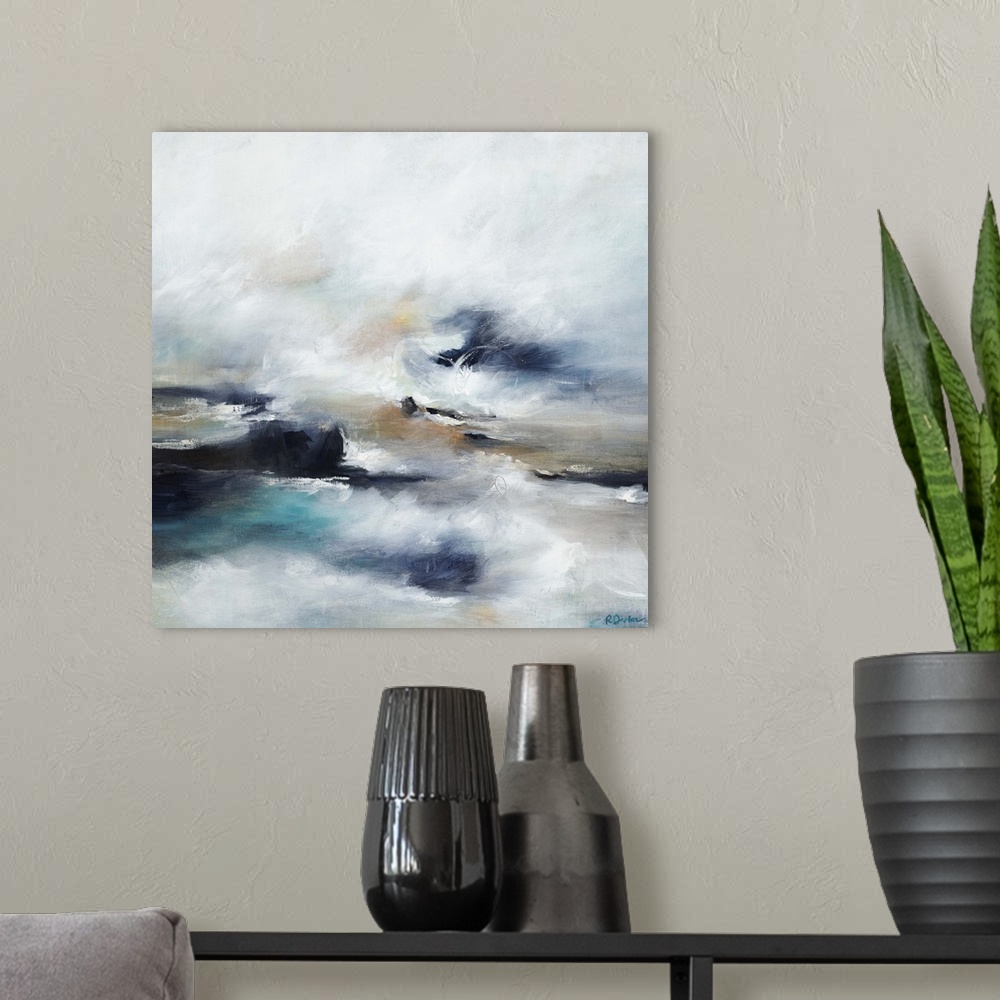 A modern room featuring Abstract painting of waves crashing into a rocky shoreline at high tide, beneath a light cloudy sky.