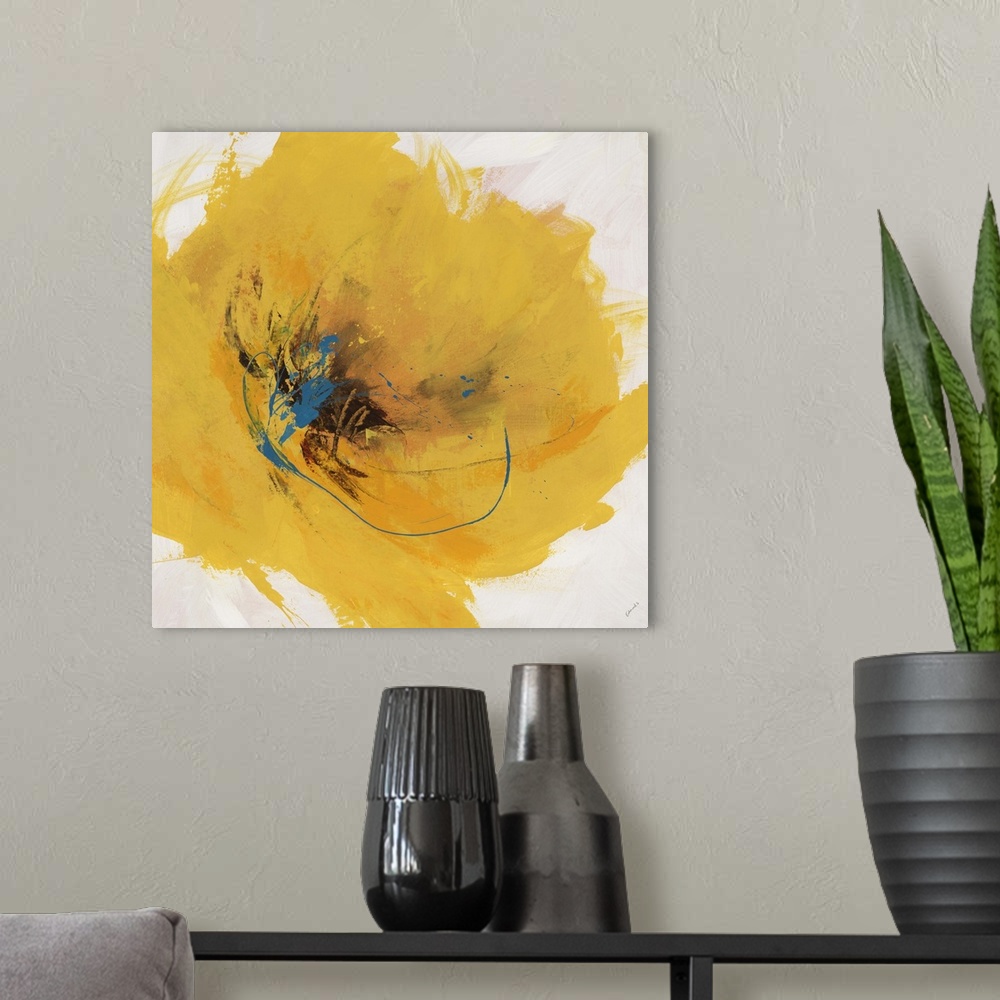 A modern room featuring Abstract painting of a large golden flower with a dark center, painted with thick sweeping brushs...