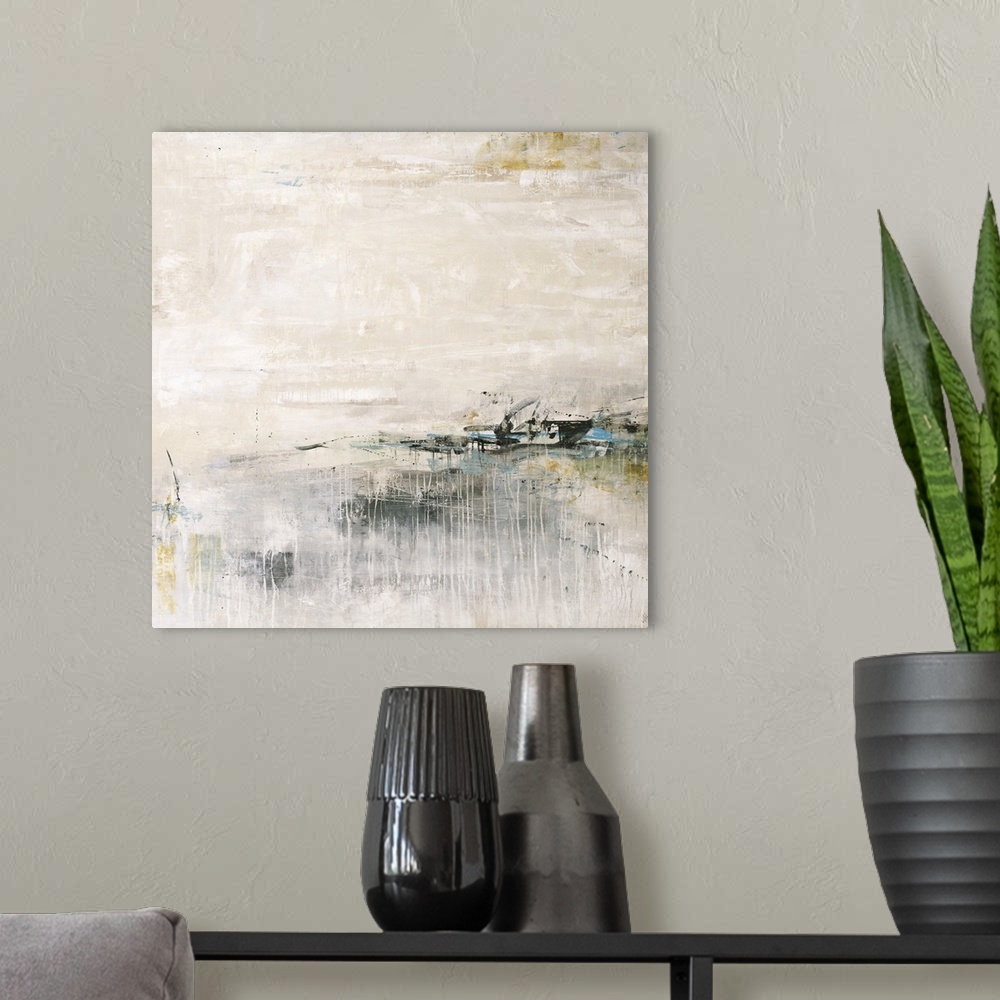 A modern room featuring Abstract painting with earth tones and rough texture.