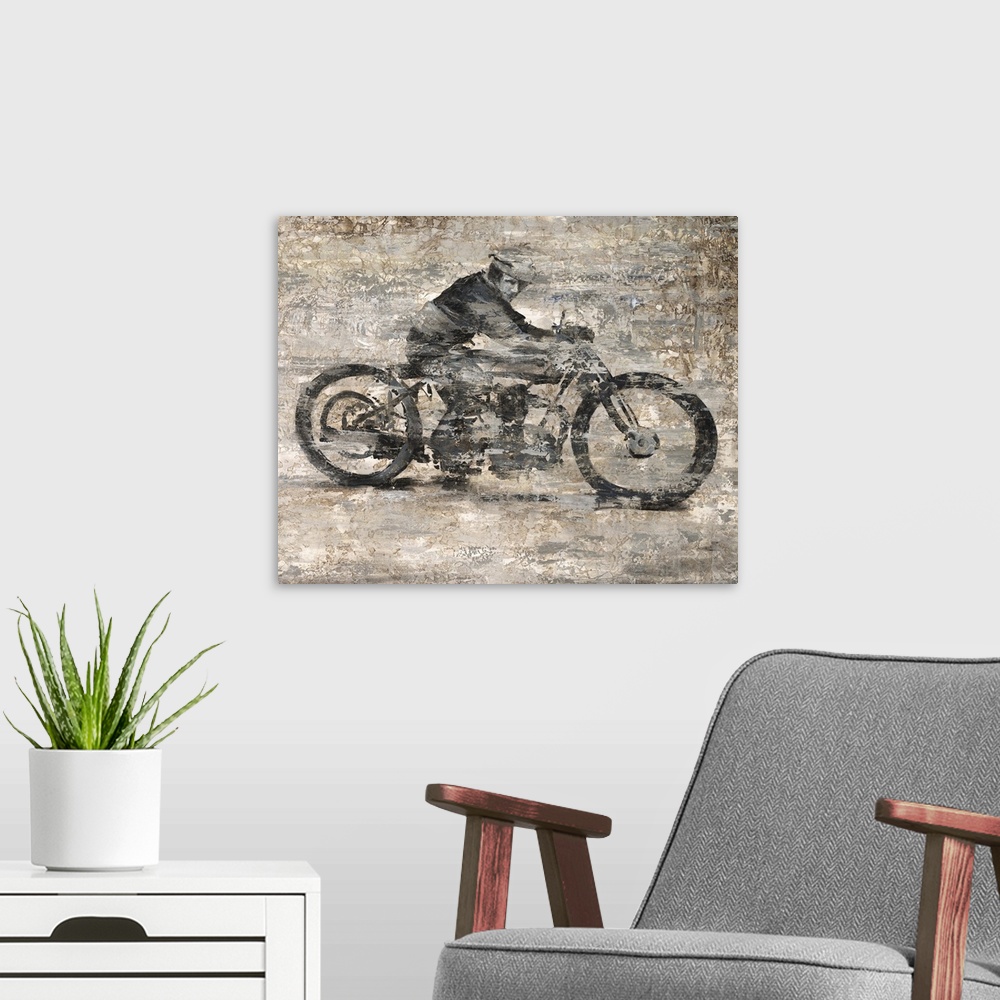 A modern room featuring Contemporary painting of a man on a vintage motorcycle.
