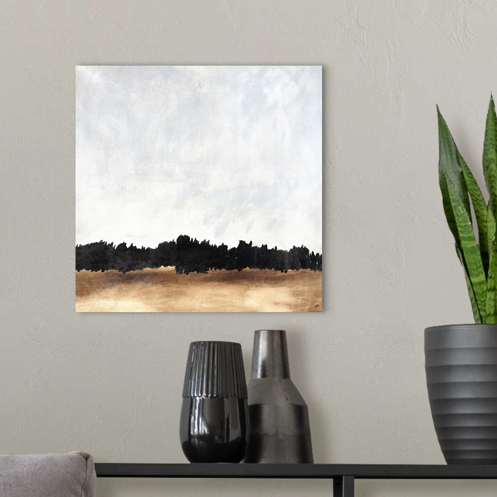 A modern room featuring A contemporary abstract painting resembling a silhouetted skyline from a great distance.