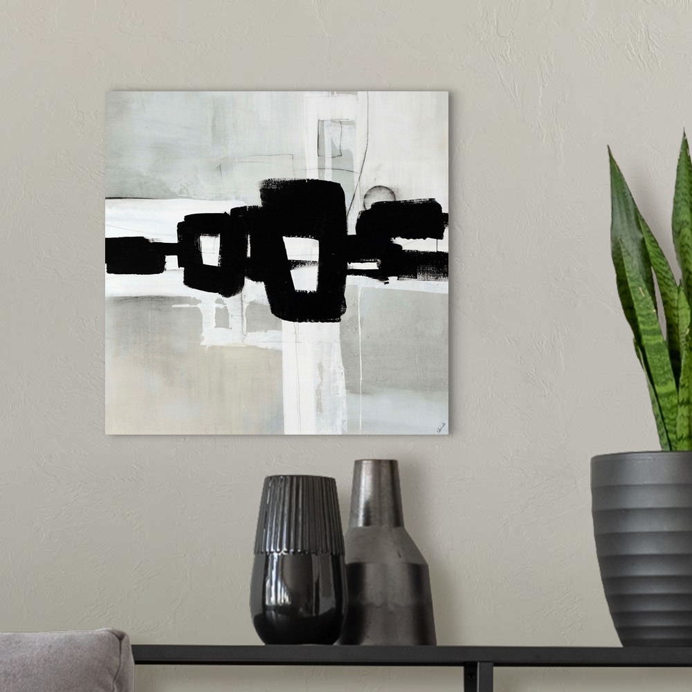 A modern room featuring An abstract black-and-white painting with a soft gray-washed background and a bold geometric brus...